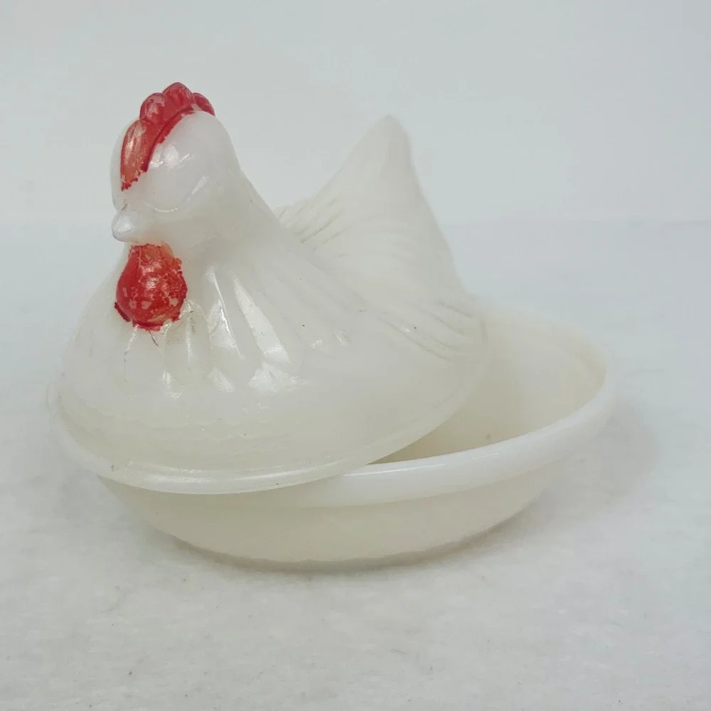 Vintage Milk Glass Hen on Nest Trinket Dish White Red Farmhouse Decor Good